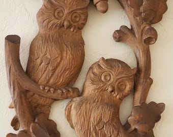 Wood owls wall decor hand-carved owls in oak tree 19 x11" signed woodcarving rustic or bohemian decor from Germany or Austria small flaws