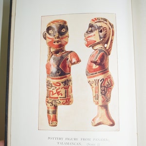 May include: Two ceramic figures from Panama, painted in red, black, and white. The figures are standing with their arms raised, and they have stylized faces and bodies. The figures are from the Talamancan culture.