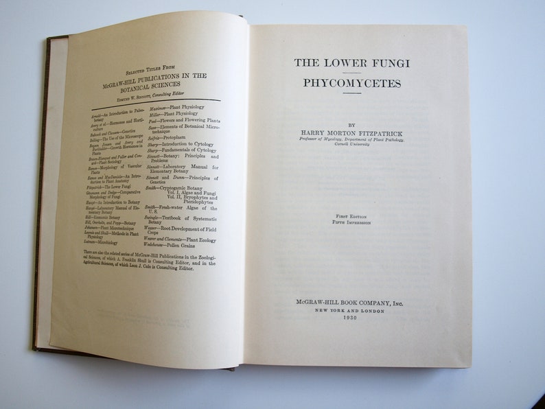 Fungi book The Lower Fungi Phycomycetes Harry M Fitzpatrick 1st edition McGraw-Hill 1930 rare vintage 30s book on fungi Botanical Sciences image 2