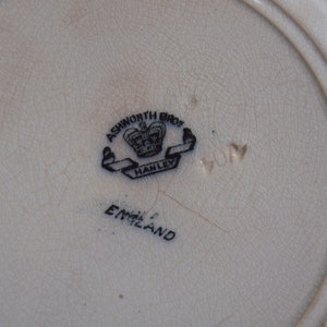 K&ouml;nnte beinhalten: Nahaufnahme eines cremefarbenen Vintage-Tellers mit rissiger Oberfl&auml;che. Der Teller zeigt ein schwarz-wei&szlig;es Emblem mit einer Krone und den Worten "ASHWORTH BROS HANLEY ENGLAND". Die Nummer "404" ist ebenfalls sichtbar.