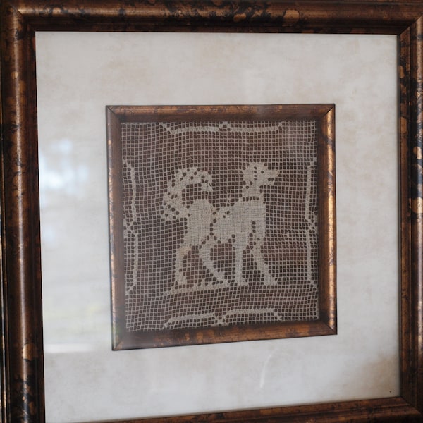 Antique dog art filet crochet Wolf & Dupeyron 1913 pattern needlework art  'Dog with Tail up' in newer frame gift for dog lover