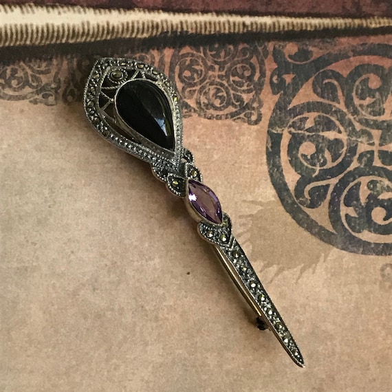 Art Nouveau brooch onyx amethyst marcasite & sterling silver brooch BOMA dress pin  ethical jewelry - gift for her February birthstone