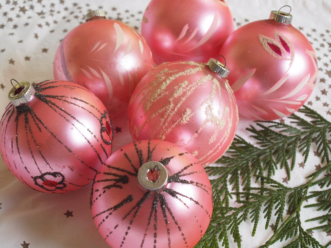 Pink Christmas Tree Ornaments Shiny Brite Set of 6 Mid Century Etsy