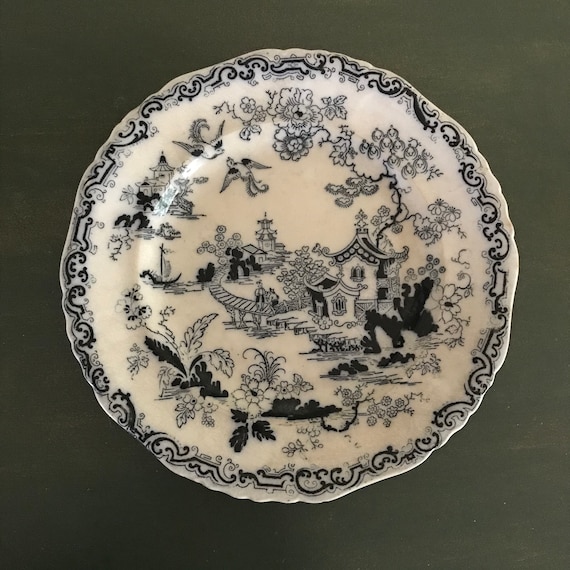 Staffordshire Oriental plate blue white decorative wall plate or Asian style serving plate Ashworth Bros ironstone  late 1890s  rare design