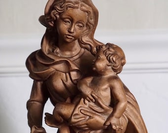 Handgeschnitzte Madonna-Statue 14 "hoch Jungfrau Maria mit Kinderskulptur seltene Vintage europäische Holz Madonna-Weihnachtsanzeige / für katholisches Haus
