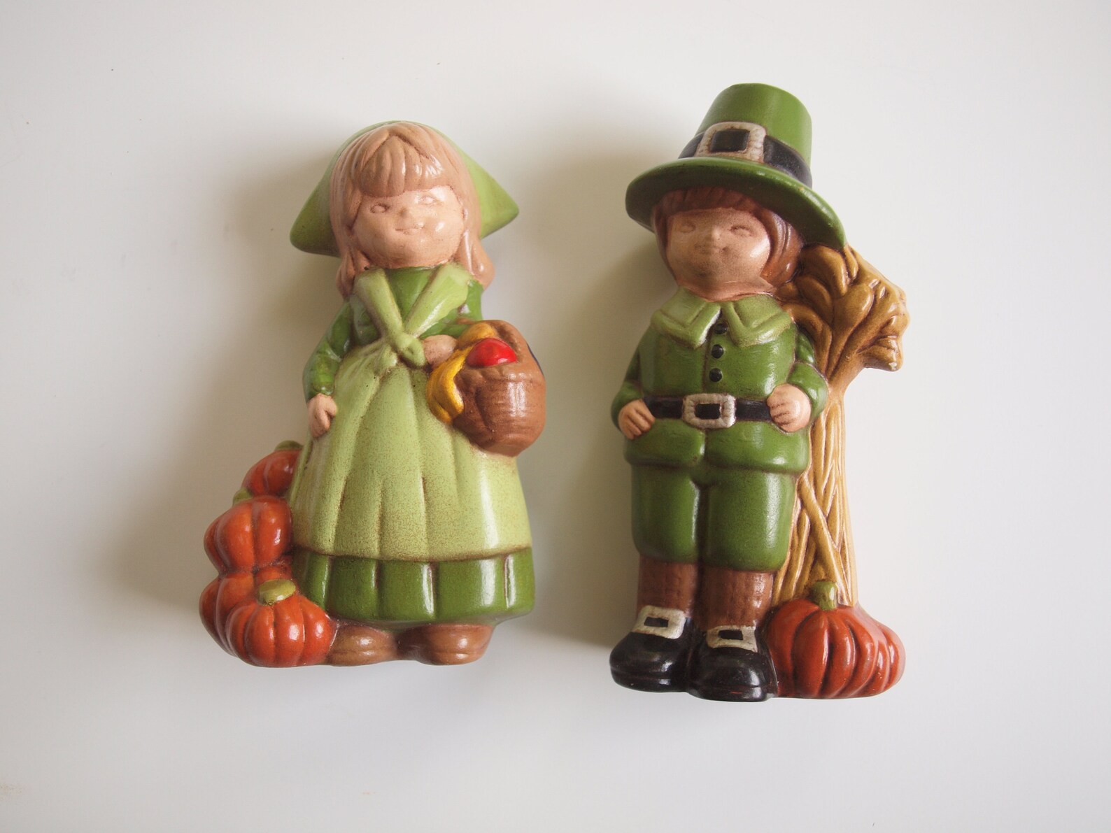 Thanksgiving Decor Pilgrim Figurines With Pumpkins Ceramic Pilgrim