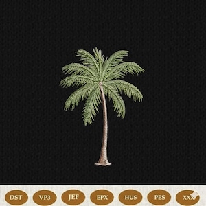 May include: An embroidery design of a palm tree with green fronds and a light brown trunk centered on a black background. Below the tree, seven oval icons are arranged in a row, each containing the text DST, VP3, JEF, EPX, HUS, PES, and XXX.