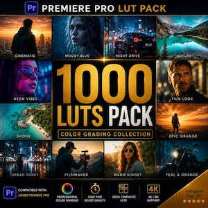 May include: A digital product display for a 1000 Premiere Pro LUTs pack, featuring a central gold title and twelve diverse photographic examples including cinematic, moody blue, night drive, nature, neon, film look, drone, and urban night scenes.