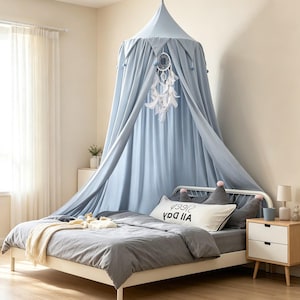 コットンモスリン製ベッドキャノピー｜子供部屋用大型吊り下げ式ベビーベッド天蓋 Smoky Blue