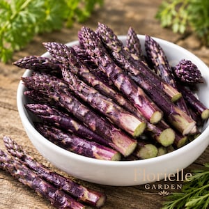 May include: A white bowl filled with fresh purple asparagus spears, with additional spears resting on the wooden surface nearby. The text Florielle GARDEN is visible in the lower right corner of the image, accompanied by a small decorative icon.