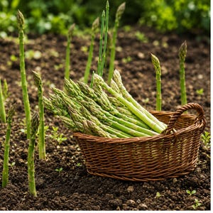 May include: A brown woven wicker basket filled with a bundle of fresh green asparagus spears, positioned in a garden patch with several individual asparagus stalks growing vertically out of the dark soil surrounding the basket.