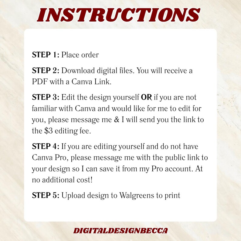 Pode incluir: Um cart&atilde;o informativo branco com texto em vermelho escuro intitulado INSTRUCTIONS. Descreve cinco passos para encomendar, descarregar um PDF com um link Canva, editar o design, solicitar edi&ccedil;&otilde;es e carregar o ficheiro final para a Walgreens.