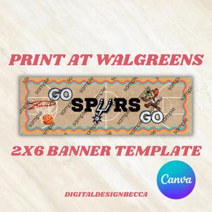 May include: A rectangular 2x6 banner template featuring a basketball court background with a brown kraft paper texture. The design includes the text GO SPURS GO, a basketball hoop, and a cartoon mascot. The border has a colorful wavy line pattern.