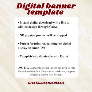 Pode incluir: Um modelo de banner digital com texto vermelho escuro lendo Digital banner template no topo e DIGITALDESIGNBECCA na parte inferior. A caixa central branca lista recursos para edi&ccedil;&atilde;o via Canva, incluindo download instant&acirc;neo e op&ccedil;&otilde;es de personaliza&ccedil;&atilde;o.