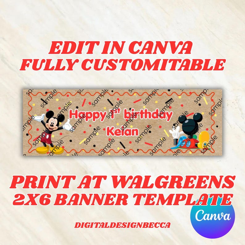 Pode incluir: Um modelo de banner retangular com fundo castanho, borda ondulada vermelha, ilustra&ccedil;&otilde;es do Mickey Mouse e o texto Happy 1st birthday Keian. O design inclui formas dispersas pretas, vermelhas e amarelas semelhantes a confetes.