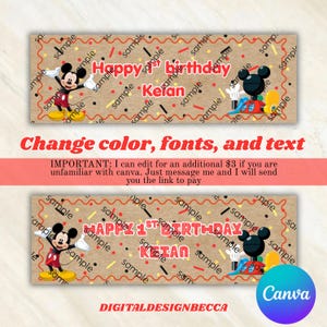 Pode incluir: Um modelo de banner digital retangular com fundo de papel kraft, borda ondulada vermelha, confete colorido e ilustra&ccedil;&otilde;es do Mickey Mouse. O texto diz Happy 1st birthday Keian em fonte vermelha. A palavra sample se repete no design.