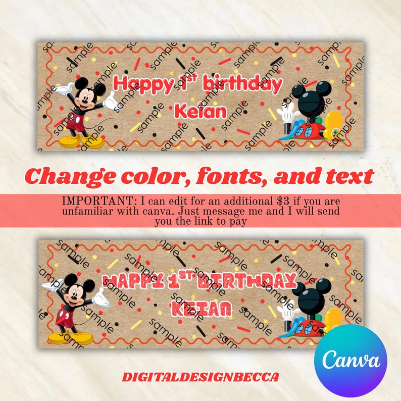 Pode incluir: Um modelo de banner digital retangular com fundo de papel kraft, borda ondulada vermelha, confete colorido e ilustra&ccedil;&otilde;es do Mickey Mouse. O texto diz Happy 1st birthday Keian em fonte vermelha. A palavra sample se repete no design.
