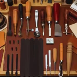 May include: A collection of leather crafting tools arranged on a brown mat, including various wood-handled awls, metal stitching chisels, a rotary cutter, a burnisher, a metal ruler, and several black rectangular leather strips for crafting projects.