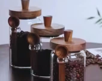 Glass Food Storage Containers with Wooden Lids and Scoop