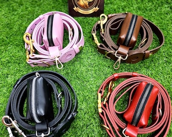 AirTag Leather Dog Collar and Leash Set | Full Grain Matching Pet Collar Leash Poo Bag Holder | Luxury Custom Tracker Dog Gift Set