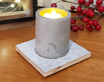 Reclaimed Barn Wood with Hand Molded Gray Concrete Votive. Realistic Flicker Votive Included