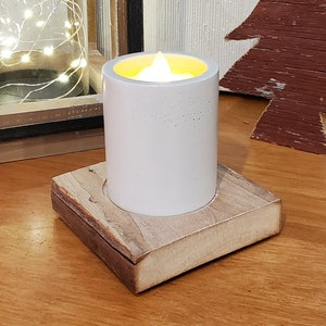Reclaimed Barn Wood with Hand Molded Ivory Concrete Votive. Realistic Flicker Votive Included