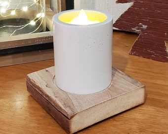 Reclaimed Barn Wood with Hand Molded Ivory Concrete Votive. Realistic Flicker Votive Included