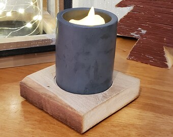 Reclaimed Barn Wood with Hand Molded Dark Gray Concrete Votive. Realistic Flicker Votive Included