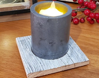 Reclaimed Barn Wood with Hand Molded Dark Gray Concrete Votive. Realistic Flicker Votive Included