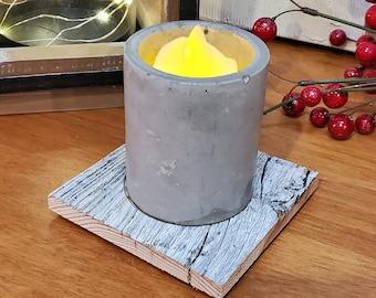 Reclaimed Barn Wood with Hand Molded Gray Concrete Votive. Realistic Flicker Votive Included