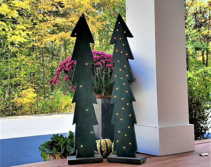 Featured listing image: Green Lighted Wood Christmas Tree, Hand Made, Plug-In Inserted Lights or Battery Wrapped LED - FREE Shipping