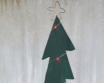 Green Wood Christmas Tree with RED LED Battery Lights, Hand Made