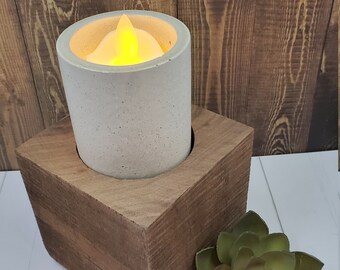 Reclaimed Black Walnut Beam Cube hand cut with hand Poured Ivory Light Gray Concrete Votive. Realistic Flicker Votive Included