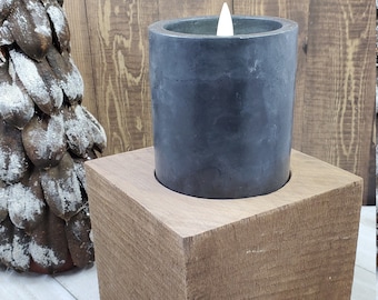 Reclaimed Black Walnut Beam Cube hand cut with hand Dark Poured Concrete Votive. Realistic Flicker Votive Included