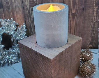 Reclaimed Black Walnut Beam Cube hand cut with hand Poured Gray Concrete Votive. Realistic Flicker Votive Included