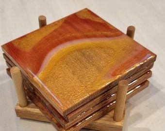 Natural Red Oak Layered Designed Epoxy Resin Coasters Yellow Orange Glitter & Red