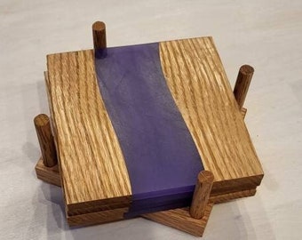 Purple Opaque Epoxy Resin & Red Oak River Coasters w/ Natural Tung Oil Finish.