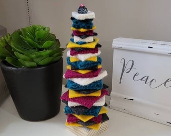 Bead Topped Hand Felted Christmas Tree with Reclaimed Wood Base.