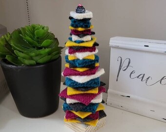 Bead Topped Hand Felted Christmas Tree with Reclaimed Wood Base.