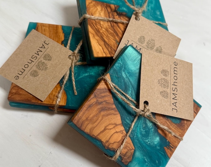 Featured listing image: Coasters Imported Olive Wood & Epoxy Swirl Coaster Trivet Set - Bora Bora Blue