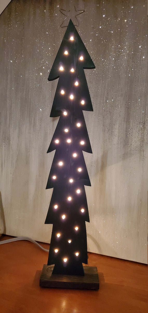 Green Lighted Wood Christmas Tree, Hand Made, Plug-in Inserted