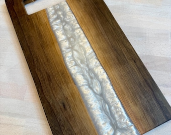 Double Sided Black Walnut & “White Pearl ” Swirl Charcuterie. Natural Carved Handle Cheese Board