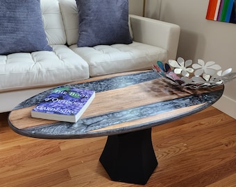 SOLD - Oval (Surfboard) Cherry Live Edge Coffee Table w/ Black Aluminum Epoxy Resin. READ DESCRIPTION, Pickup Only!