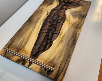 Buckeye Live Edge w/ River of "Satin Coffee" Resin Charcuterie Server.  Champaign Bronze Hardware. Super Size, Rubber Feet.