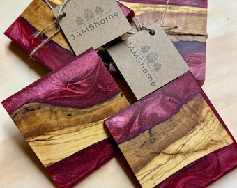 Red Coasters Imported Olive Wood & Epoxy Swirl Coaster Trivet Set of 2 - Savage Red Swirl - Read Description for Details