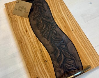 White Ash Wood with Dark Coffee Swirl Charcuterie Board. Brushed Nickel Handles.