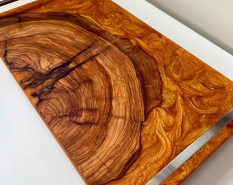 Aztec Gold Olive Wood Charcuterie w/ Polished Nickel Handles Cheese Board