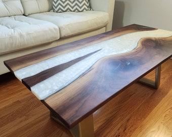 SOLD - Handmade Black Maple Live Edge River Coffee Table w/ White Pearl Epoxy Resin. Custom Steel Gold Powder Coated Legs. READ DESCRIPTION