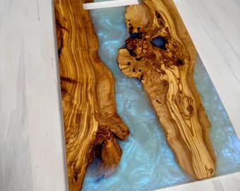 Imported Olive Wood w/ White Pearl Glacier BlueSwirls & Natural Routed Handle Charcuterie Board Cutting Board Cheese Board