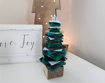 Bead Topped Hand Felted Christmas Tree with Reclaimed Wood Base.